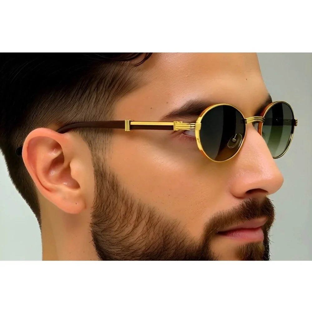 Mens Gold Round Sunglasses‎ Green Gradient Lenses Wood Accents UV400 Protection